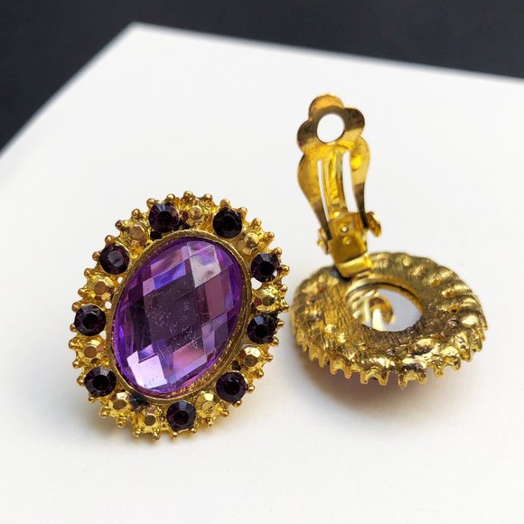 Purple rhinestone clip on earrings, statement crystal bridemaids earrings - Picture 9 of 11